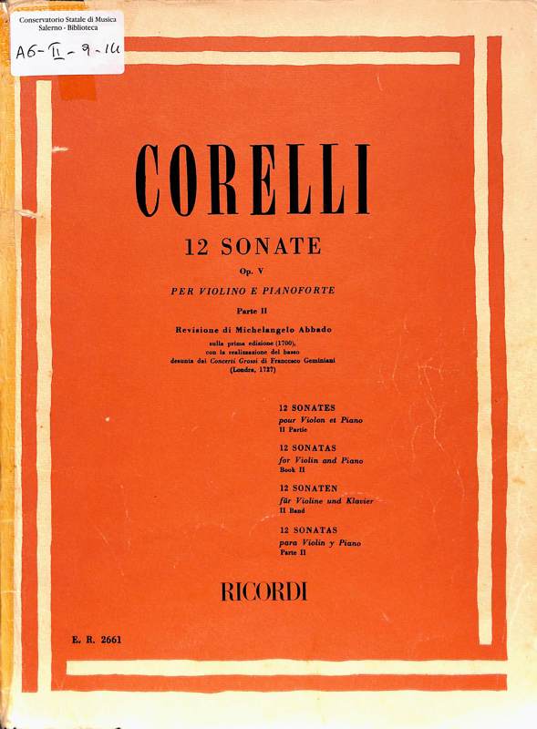 Copertina  12 sonate Op. V per violino e pianoforte : Parte II