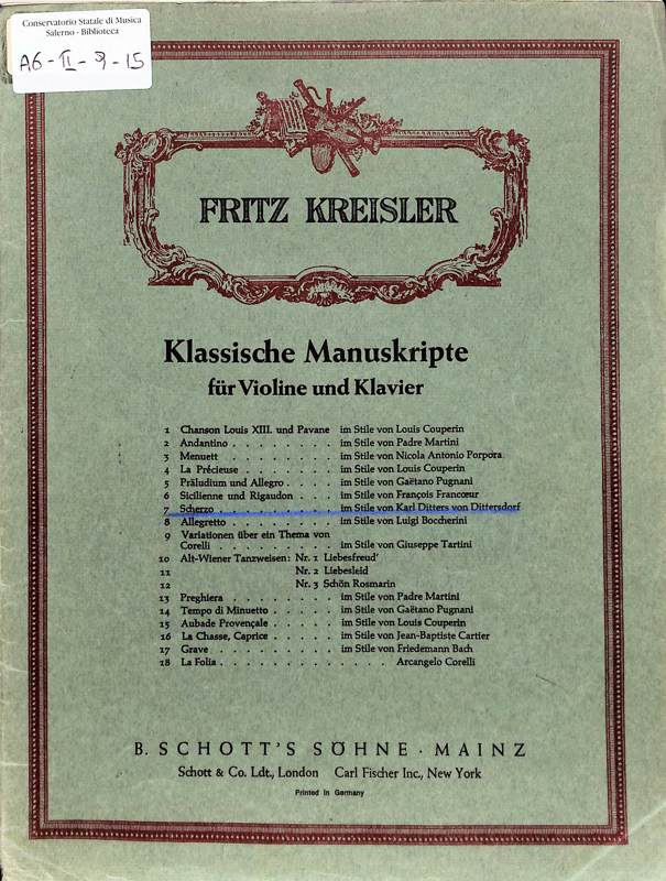 Copertina  Scherzo im Stile von Karl Ditters von Dittersdorf fur Violine und Piano