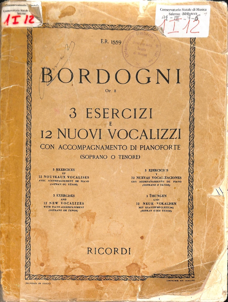 Copertina  3 esercizi e 12 nuovi vocalizzi con accompagnamento di pianoforte op. 8 per soprano o tenore
