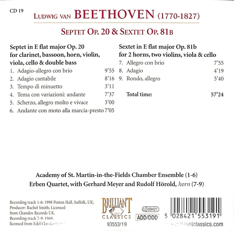 Copertina  19: Septet op. 20 & sextet op. 81B
