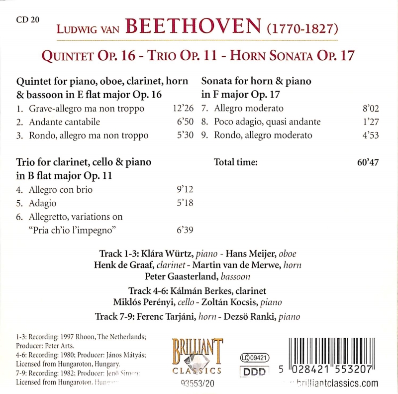 Copertina  20: Quintet op. 16 ; Trio op. 11 ; Horn sonata op. 17