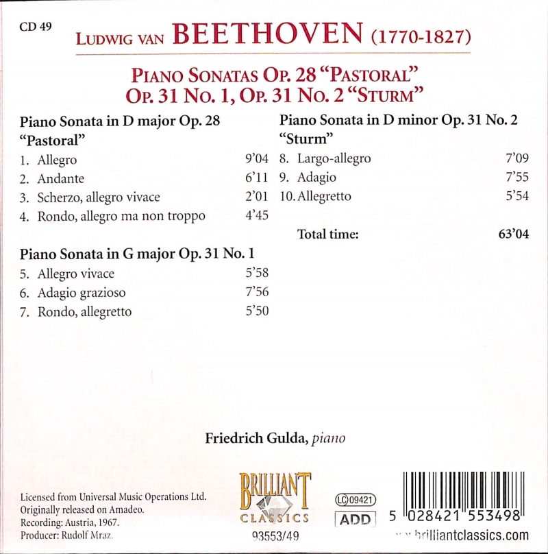 Copertina  49: Piano sonatas op. 28 Pastoral, op. 31 no. 1, op. 31 no. 2 Sturm