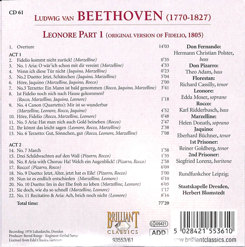 Copertina  61: Leonore part 1 (original version of Fidelio, 1805)