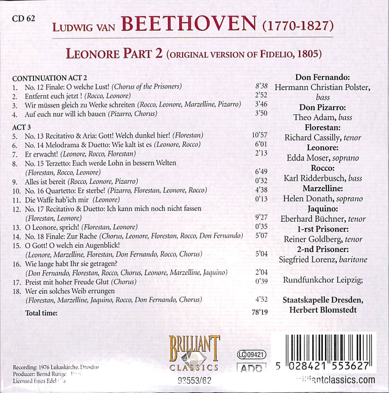 Copertina  62: Leonore part 2 (original version of Fidelio, 1805)