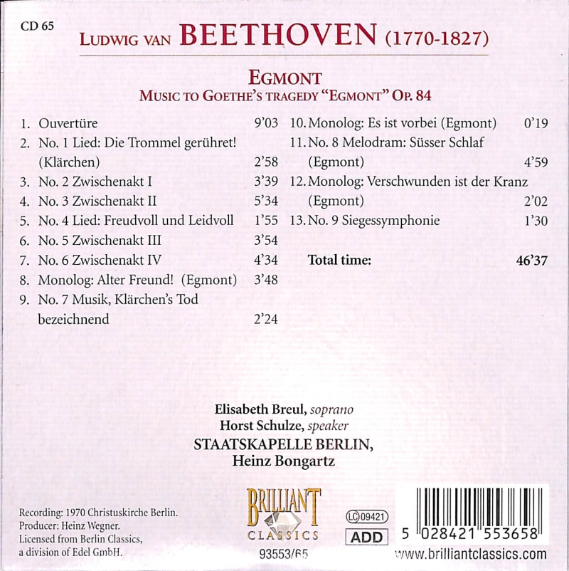 Copertina  65: Egmont : music to Geothe's tragedy Egmont op. 84