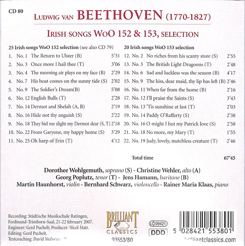 Copertina  80: Irish songs WoO 152 & 153 selection